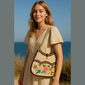 60s-70s Vintage Boho Straw Woven Handbag 3DFloral Embroidery Raffia Shoulder bag